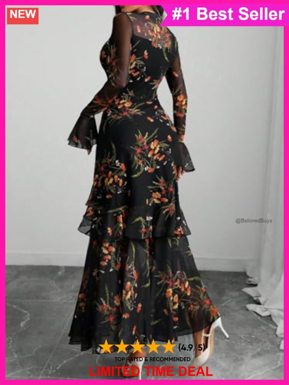 Women Floral Maxi Dress Bell Sleeve Mermaid Hem Mesh Party Wedding Guest - Picture 2 of 6